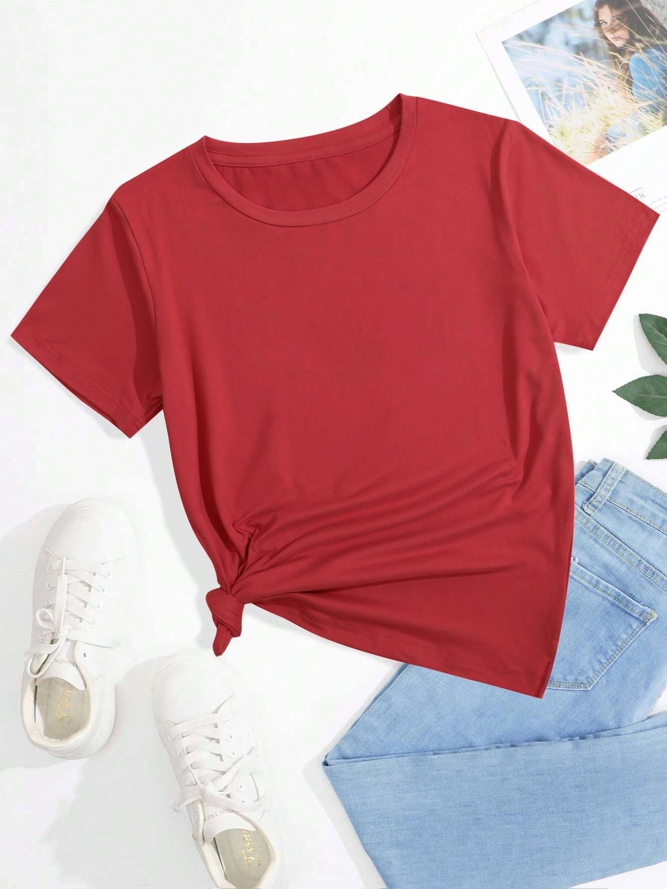 ChecnOne Crew Neck Tee Shirt For Girls-Coral Red-BE1442