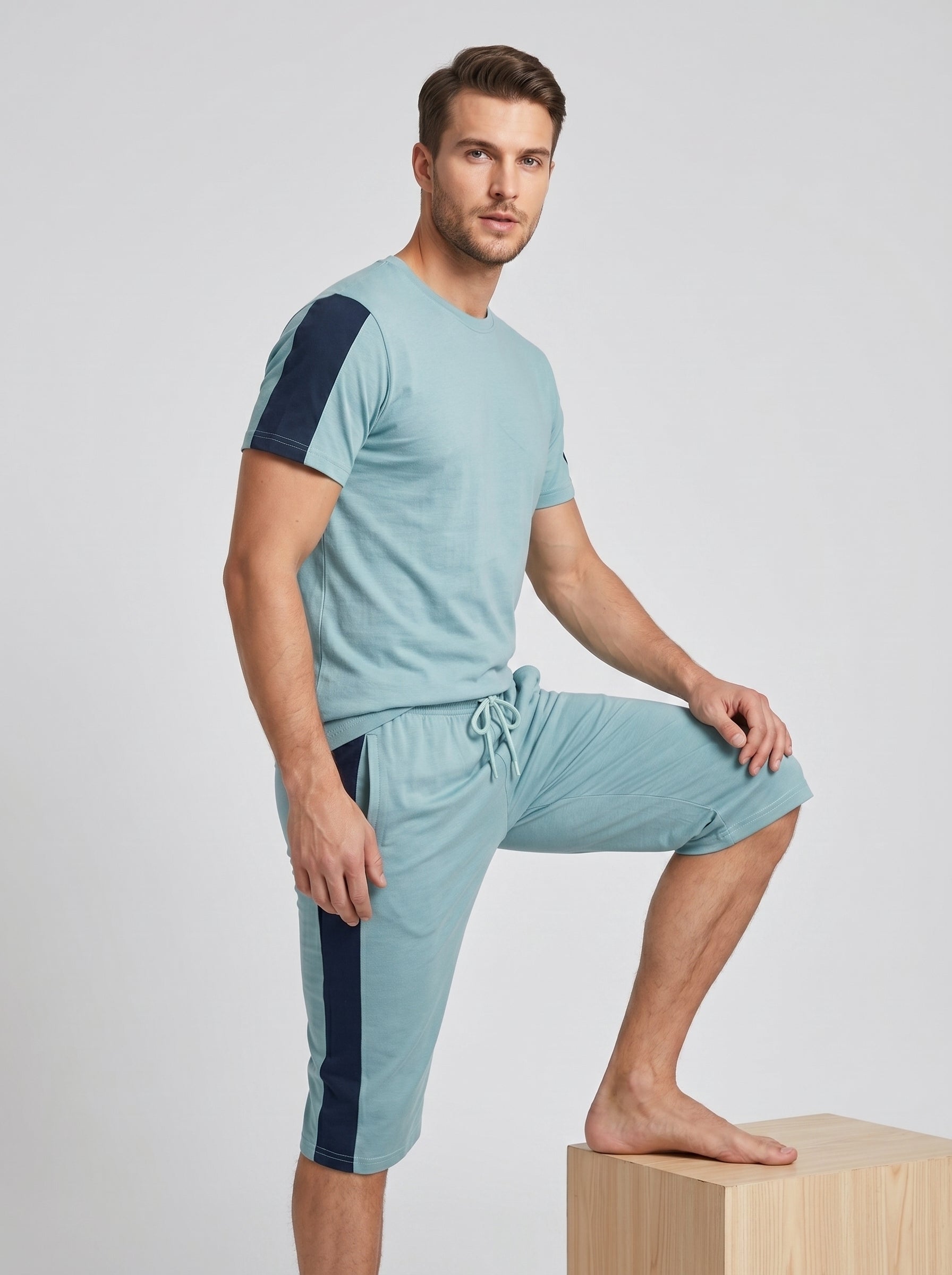 Summer Co Ord Set For Men-Bond Blue Melange-BE6535