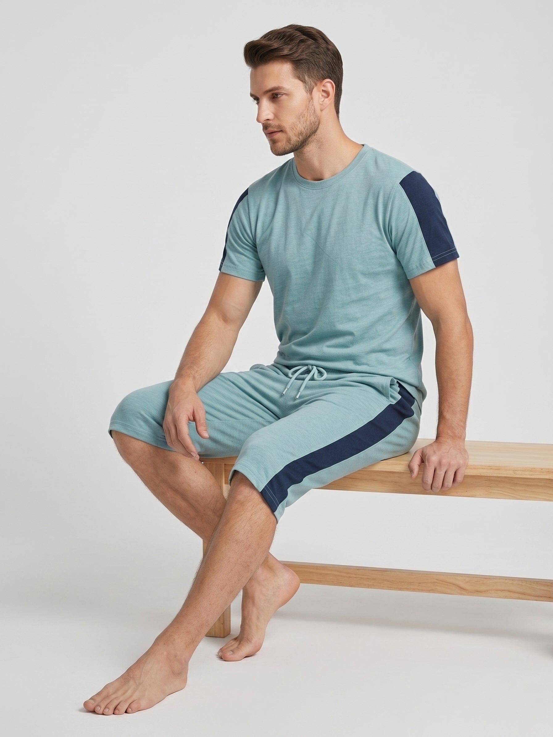 Summer Co Ord Set For Men-Bond Blue Melange-BE6535