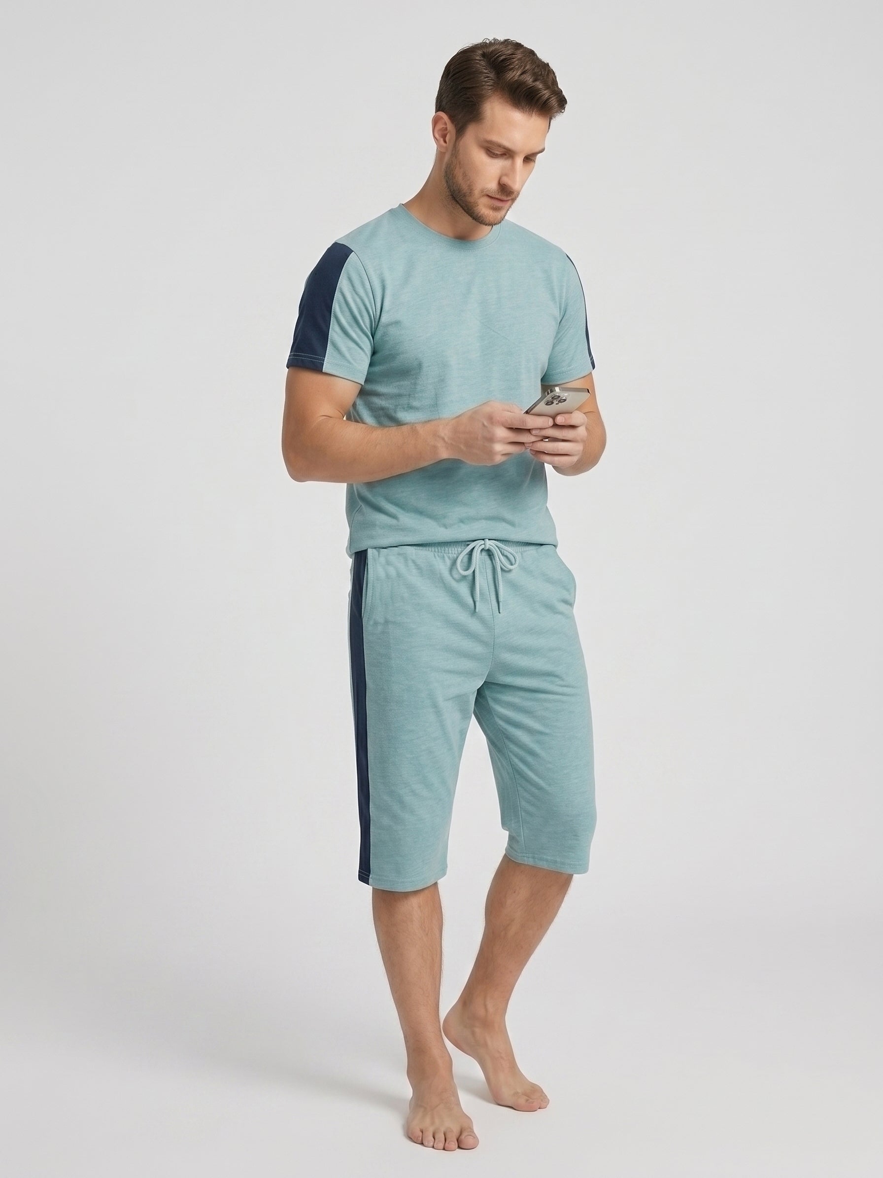 Summer Co Ord Set For Men-Bond Blue Melange-BE6535