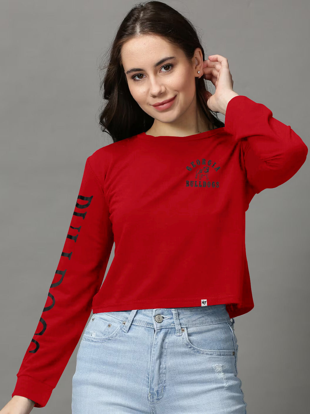 47 Crew Neck Full Sleeve Crop Tee Shirt For Ladies-Red-SP1988