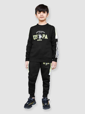 U.S Polo.Assn Fleece Tracksuit For Kids-Black & Parrot-BE101