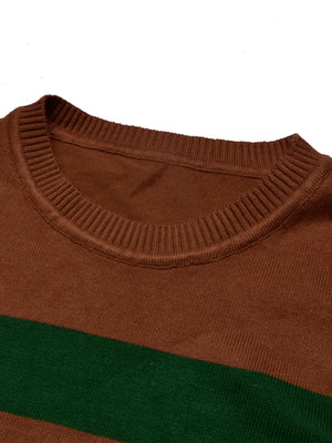 Full Fashion Short Sleeve Crew Neck Sweater For Men-Light Brown With Stripes-SP1101/RT2243