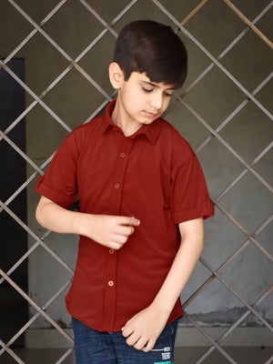 Louis Vicaci Super Stretchy Slim Fit Half Sleeve Lycra Casual Shirt For Kids-Dark Red-BR549