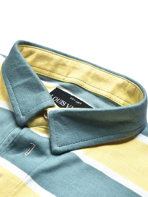 Louis Vicaci Long Sleeve Polo Shirt For Men-Light Yellow & Cyan Green Stripe-BE69/BR896
