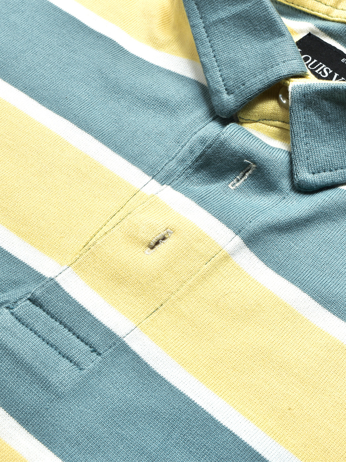 Louis Vicaci Long Sleeve Polo Shirt For Men-Light Yellow & Cyan Green Stripe-BR896