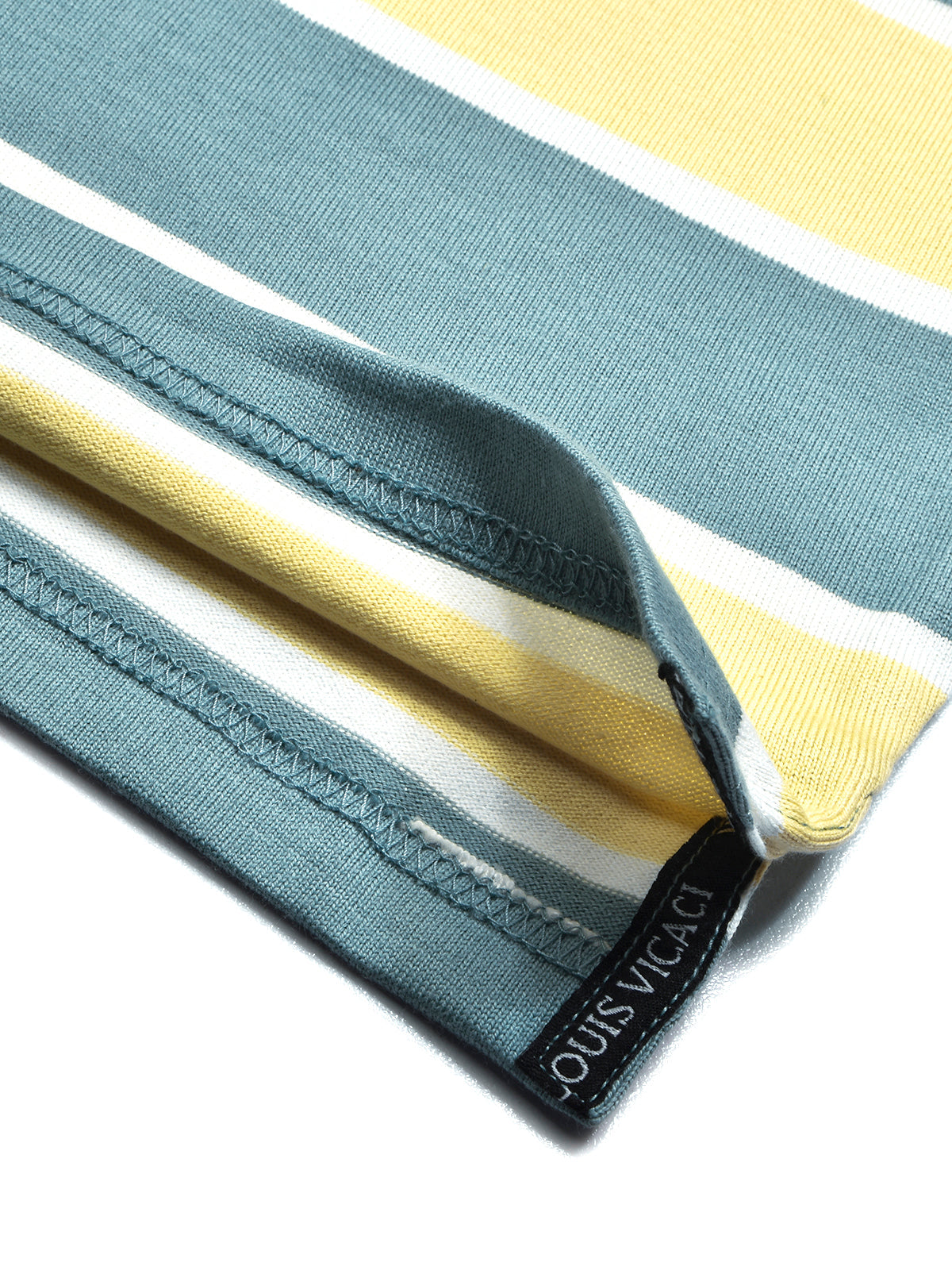 Louis Vicaci Long Sleeve Polo Shirt For Men-Light Yellow & Cyan Green Stripe-BR896