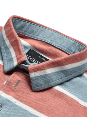 Louis Vicaci Long Sleeve Polo Shirt For Men-Orange with Slate Blue Stripe-BE68