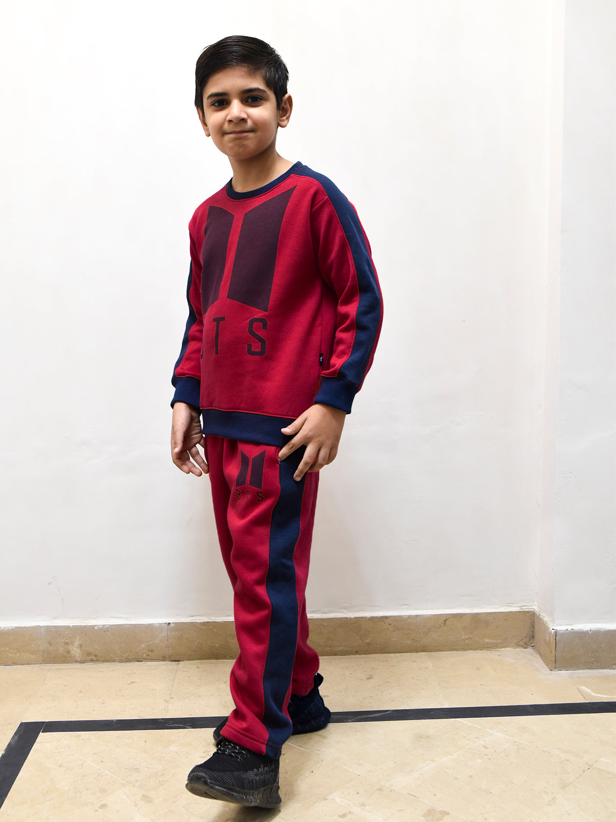 BTS Fleece Tracksuit For Kids-Dark Red with Navy Panels-BE54/BR879