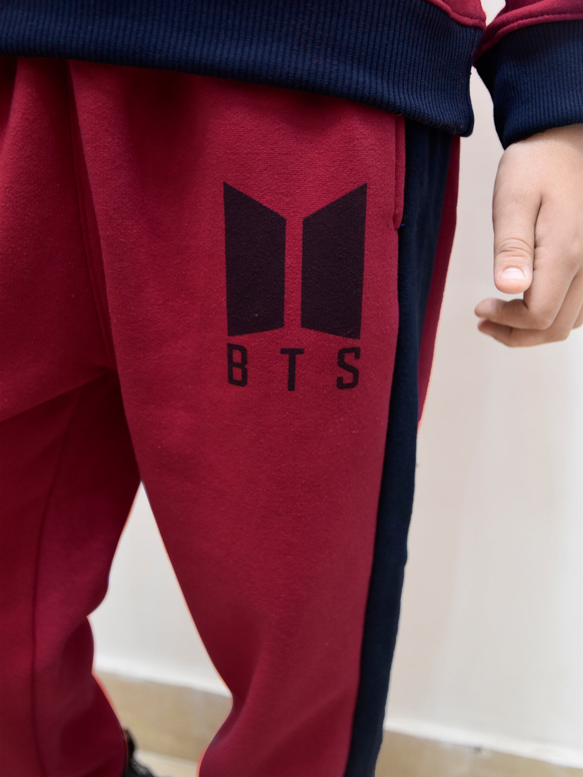 BTS Fleece Tracksuit For Kids-Dark Red with Navy Panels-BE54/BR879