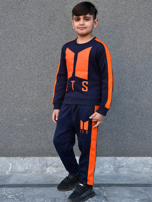 BTS Fleece Tracksuit For Kids-Dark Navy & Orange Panels-BE189/BR989