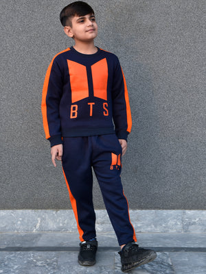 BTS Fleece Tracksuit For Kids-Dark Navy & Orange Panels-BE189/BR989