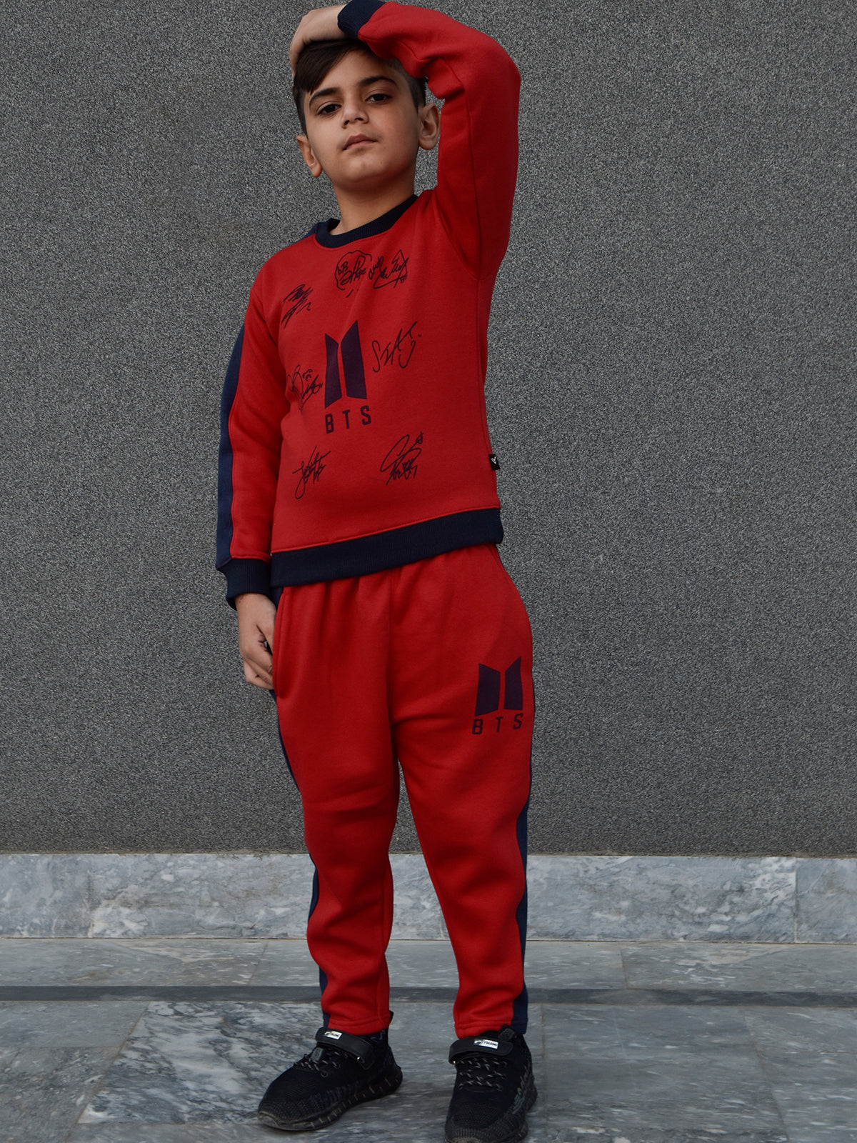 BTS Fleece Tracksuit For Kids Red with Navy Panels BE55 BR880