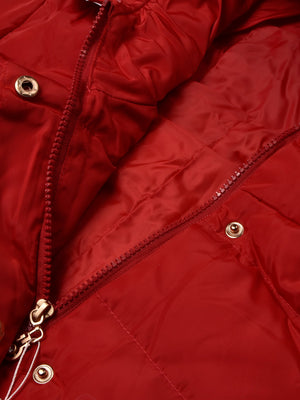 Cinched Waist Puffer Hoodie Jacket For Women-Red-BR201