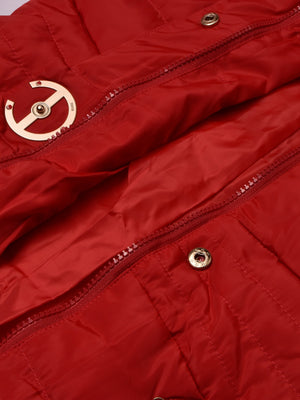 Cinched Waist Puffer Hoodie Jacket For Women-Red-BR201