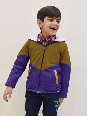 Mango Stylish Inner Fur Zipper Hoodie For Kids-Purple & Dark Camel-BE144/BR955