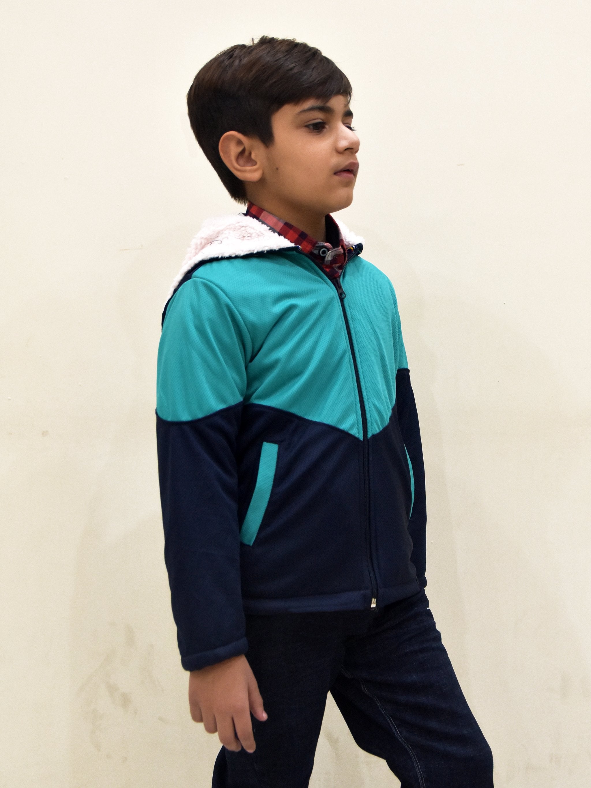 Mango Stylish Inner Fur Zipper Hoodie For Kids-Blue & Dark Navy-NA13729