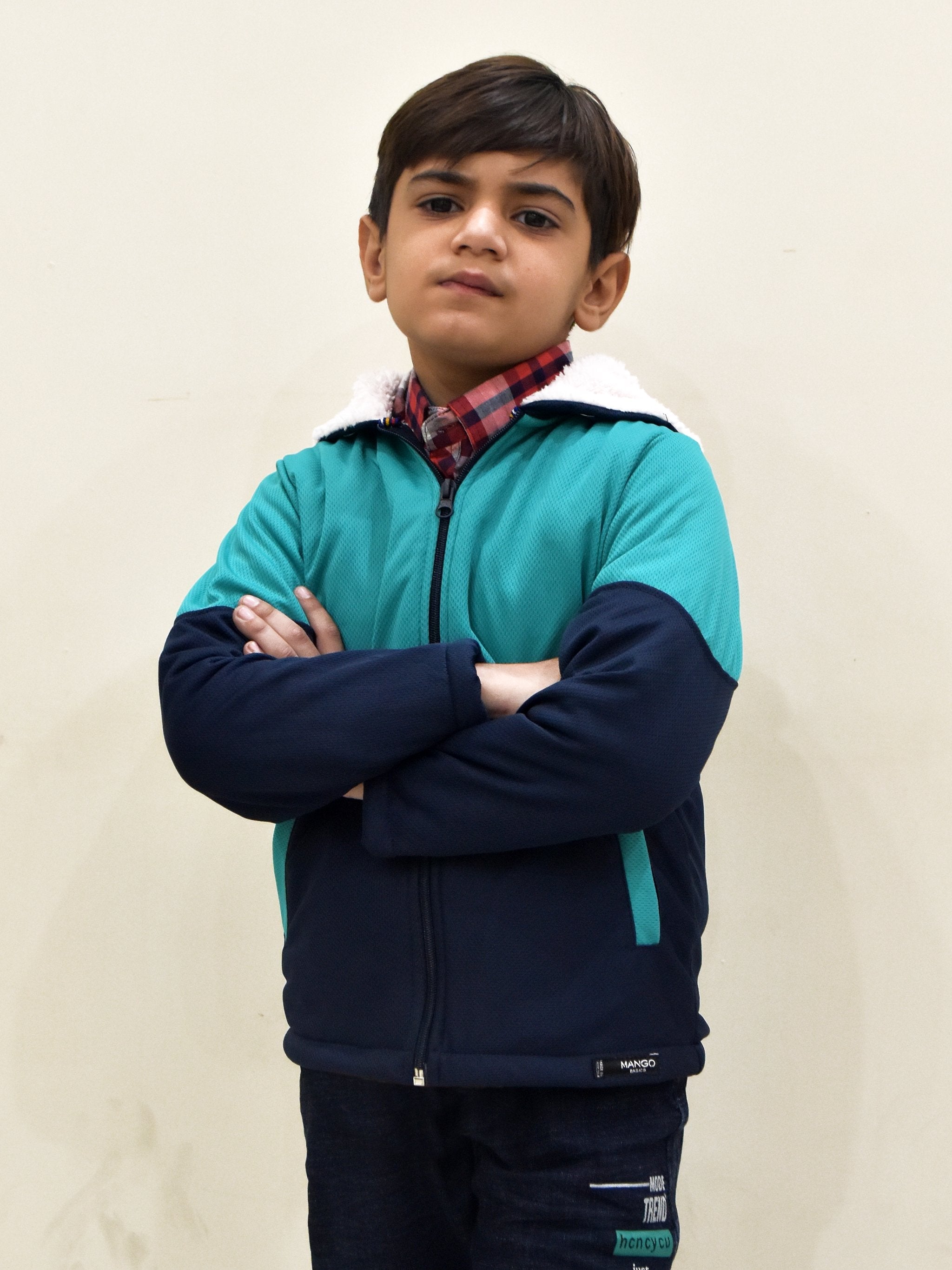 Mango Stylish Inner Fur Zipper Hoodie For Kids-Blue & Dark Navy-NA13729