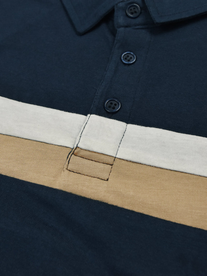 NXT Summer Polo Shirt For Men-Dark Navy With White & Brown Stripe-SP1445/RT2332