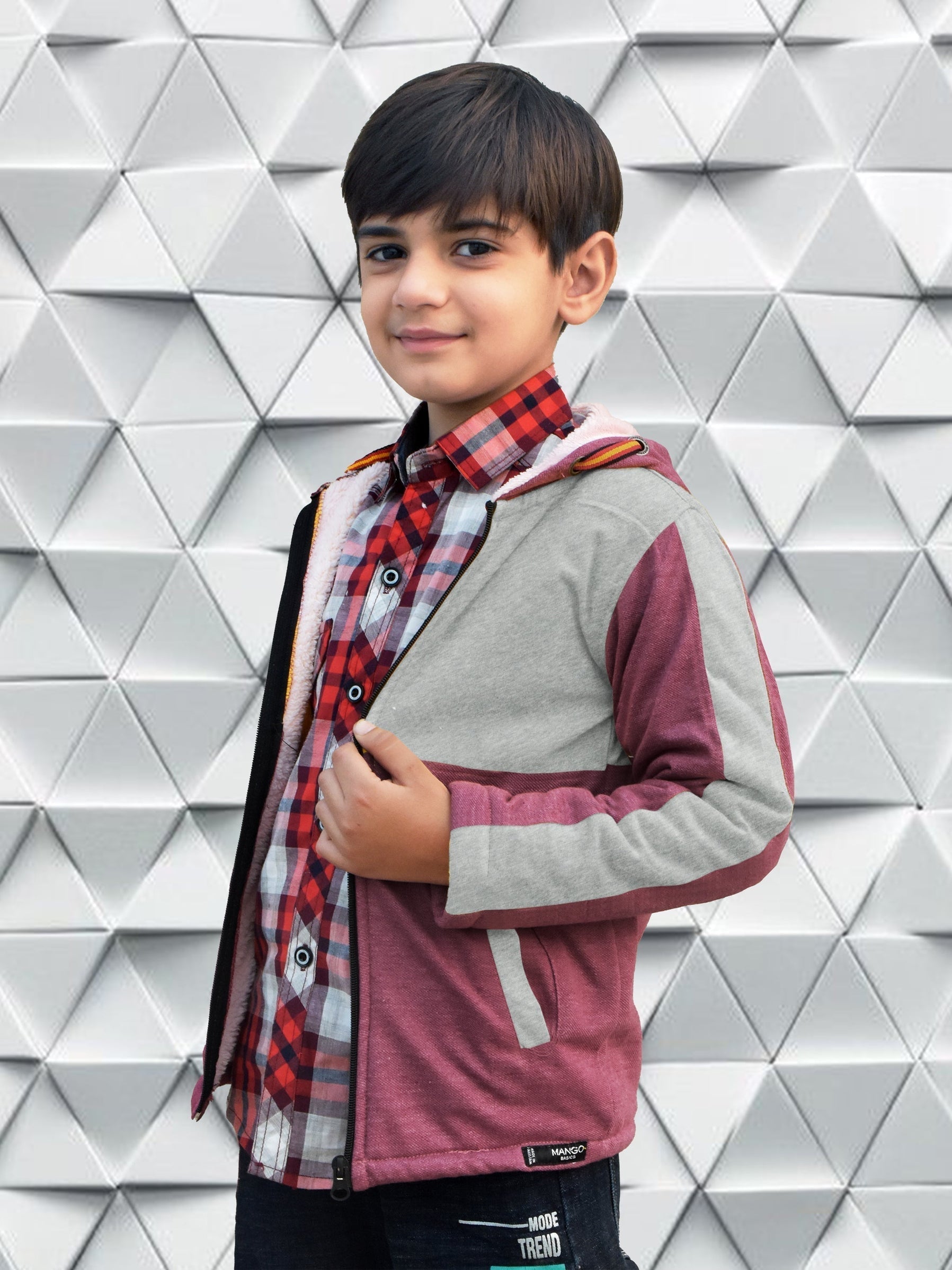 Mango Stylish Inner Fur Zipper Hoodie For Kids-Grey & Light Burgundy Melange-BE148/BR959