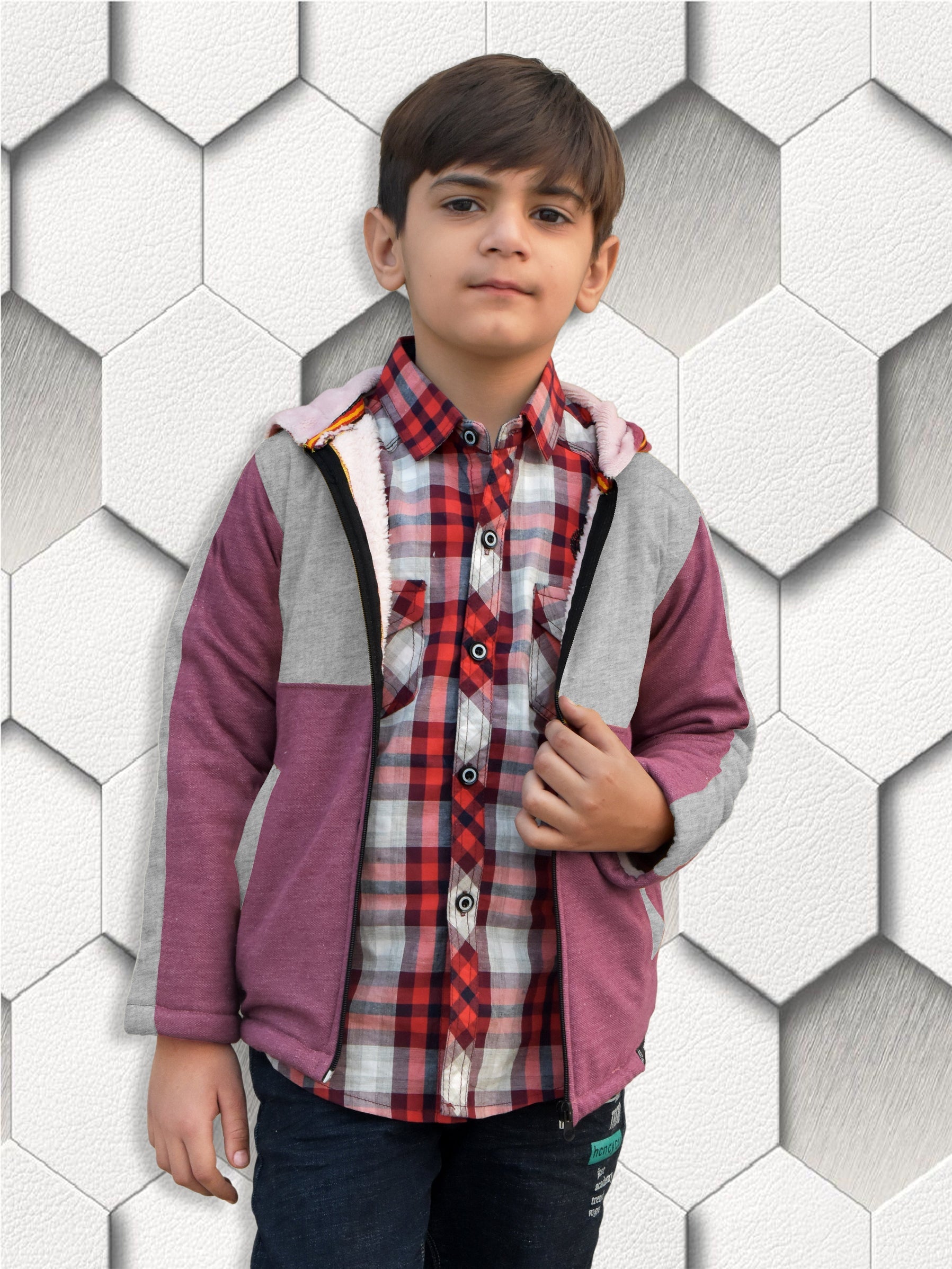 Mango Stylish Inner Fur Zipper Hoodie For Kids-Grey & Light Burgundy Melange-BE148/BR959