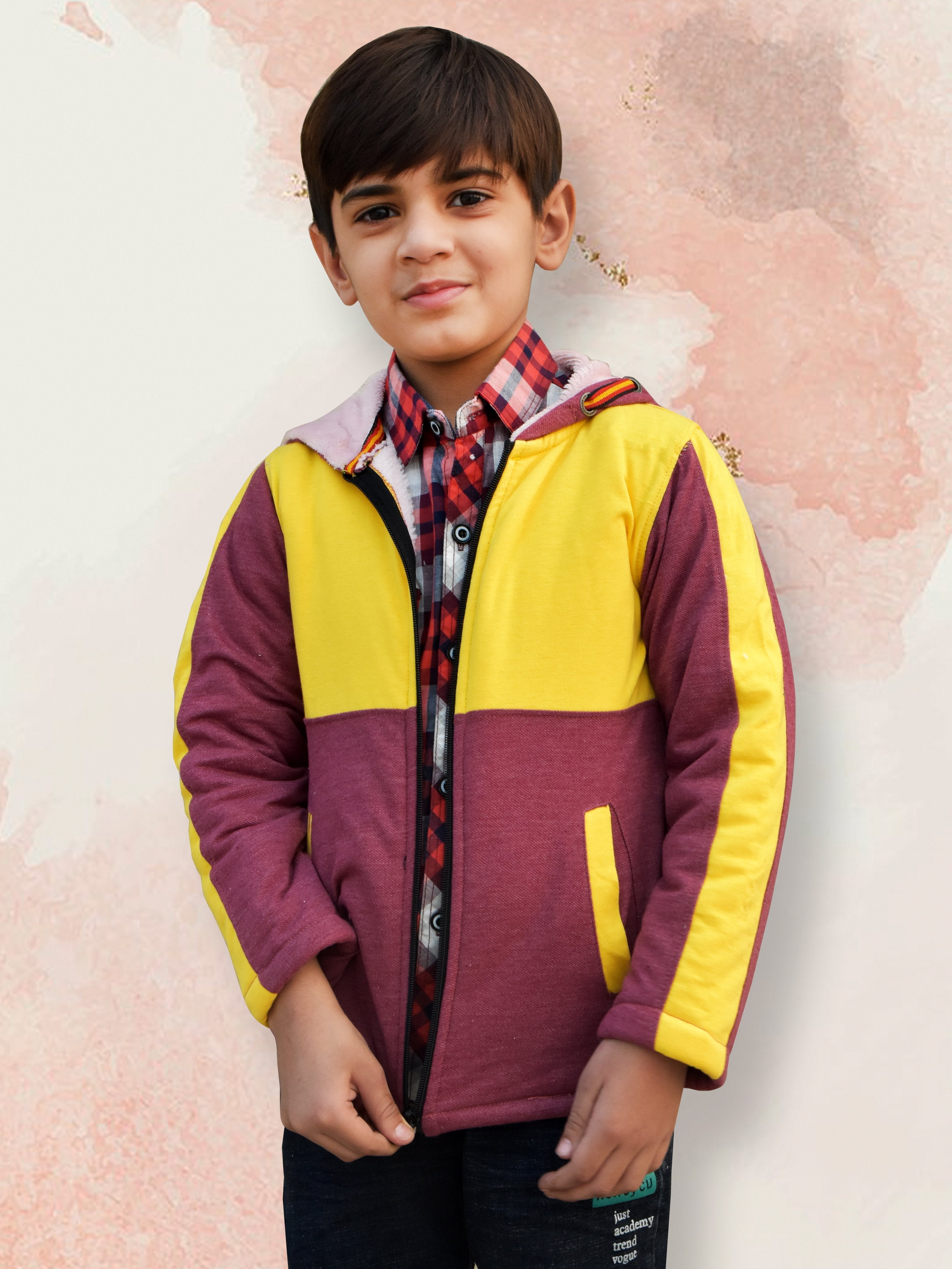Mango Stylish Inner Fur Zipper Hoodie For Kids-Yellow & Burgundy-BE150/BR561