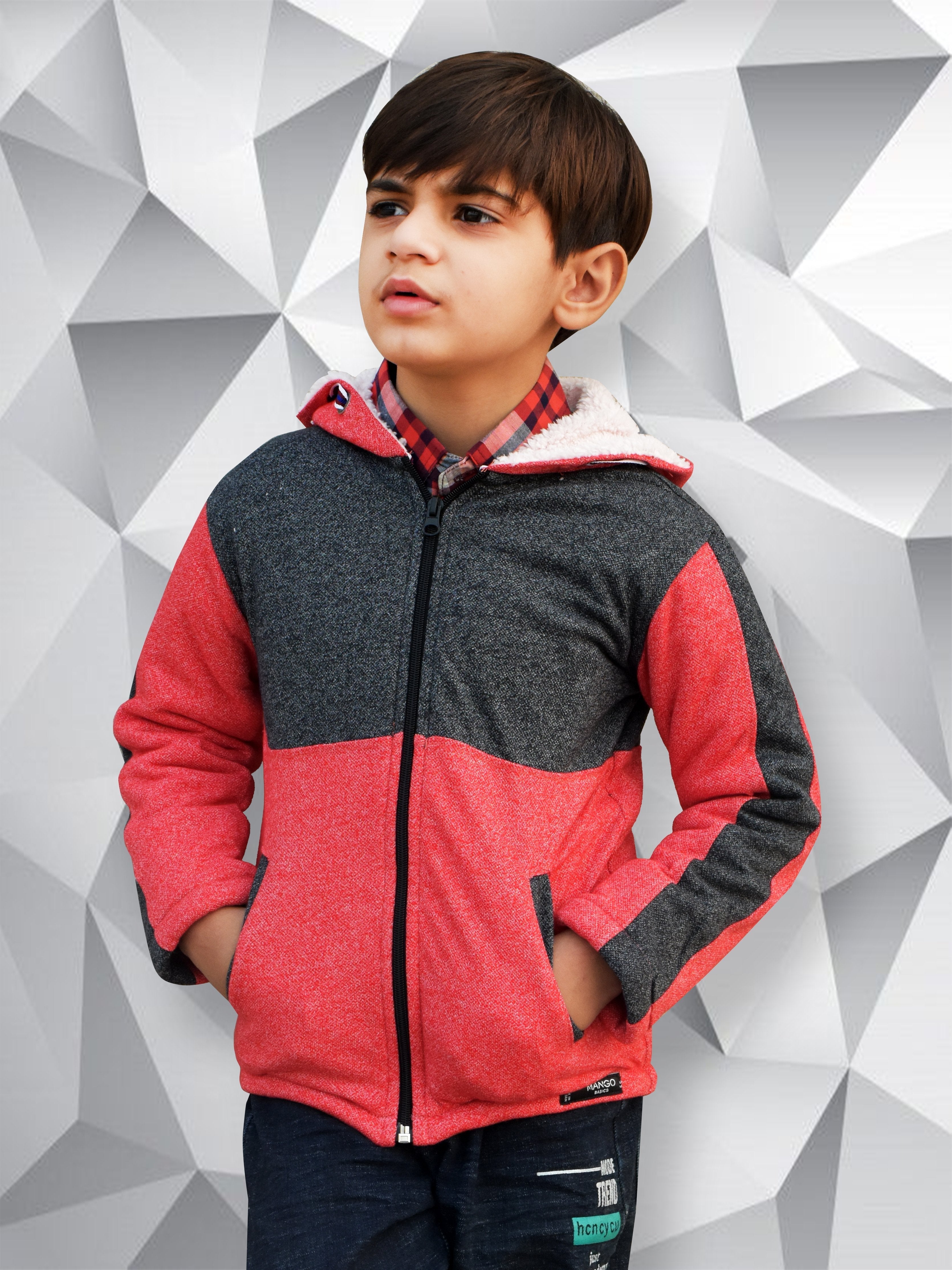Mango Stylish Inner Fur Zipper Hoodie For Kids-Red Melange & Charcoal Melange-BR951