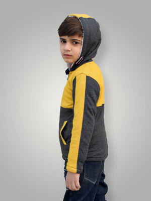 Mango Stylish Inner Fur Zipper Hoodie For Kids-Yellow Melange & Charcoal Melange-BE135/BR944