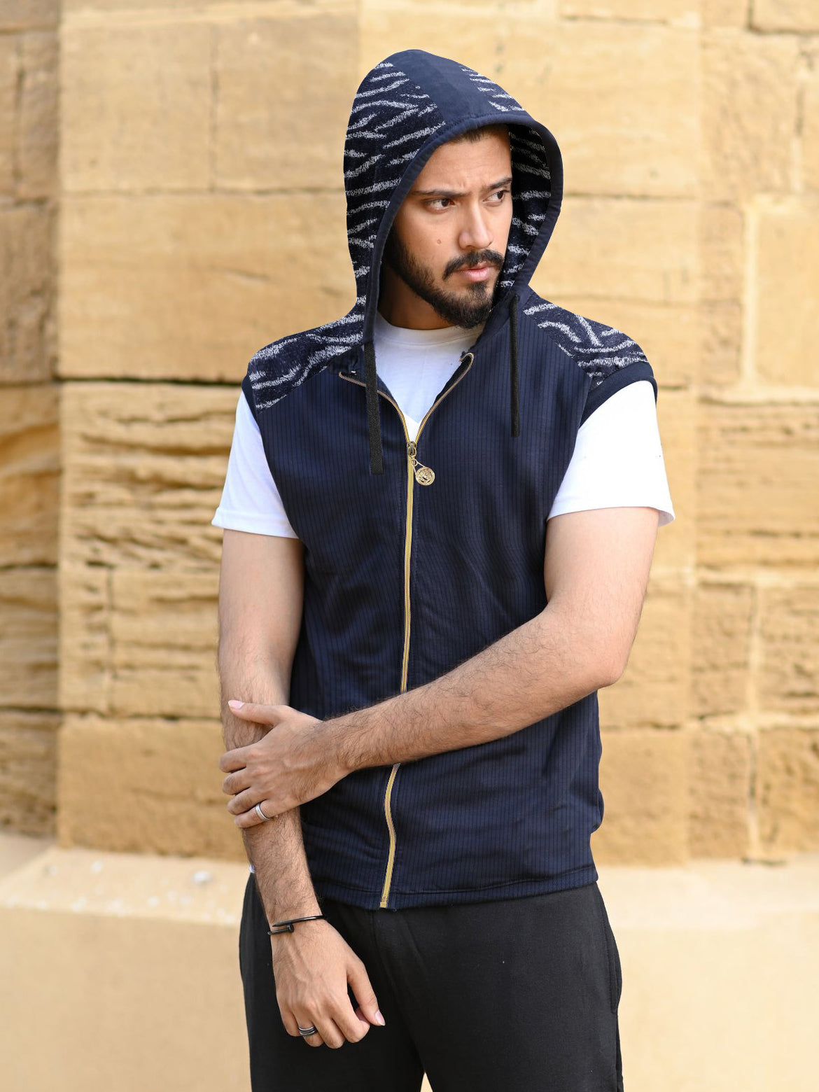 Louis Vicaci Fleece Sleeveless Zipper Sweater For Men-Navy Blue-RT1508