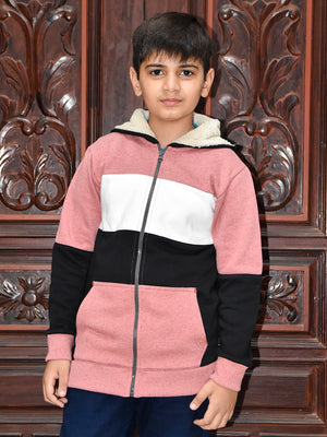 NXT Inner Hood Fur Fleece Full Zipper Hoodie For Kids-Pink with Black-BR14424