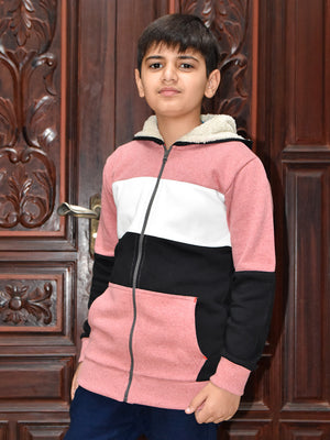 NXT Inner Hood Fur Fleece Full Zipper Hoodie For Kids-Pink with Black-BR14424