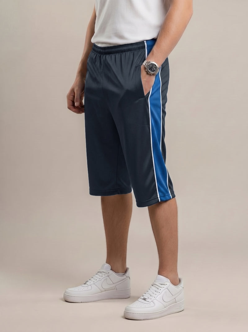 Stylish Knee Length Short For Men-Dark Navy With Royal Blue Stripe-SS09