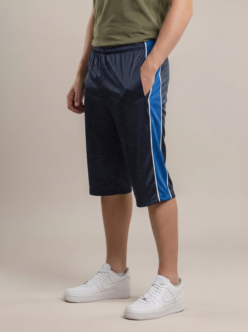 Stylish Knee Length Short For Men-Dark Navy Melange With Royal Blue Stripe-SS11