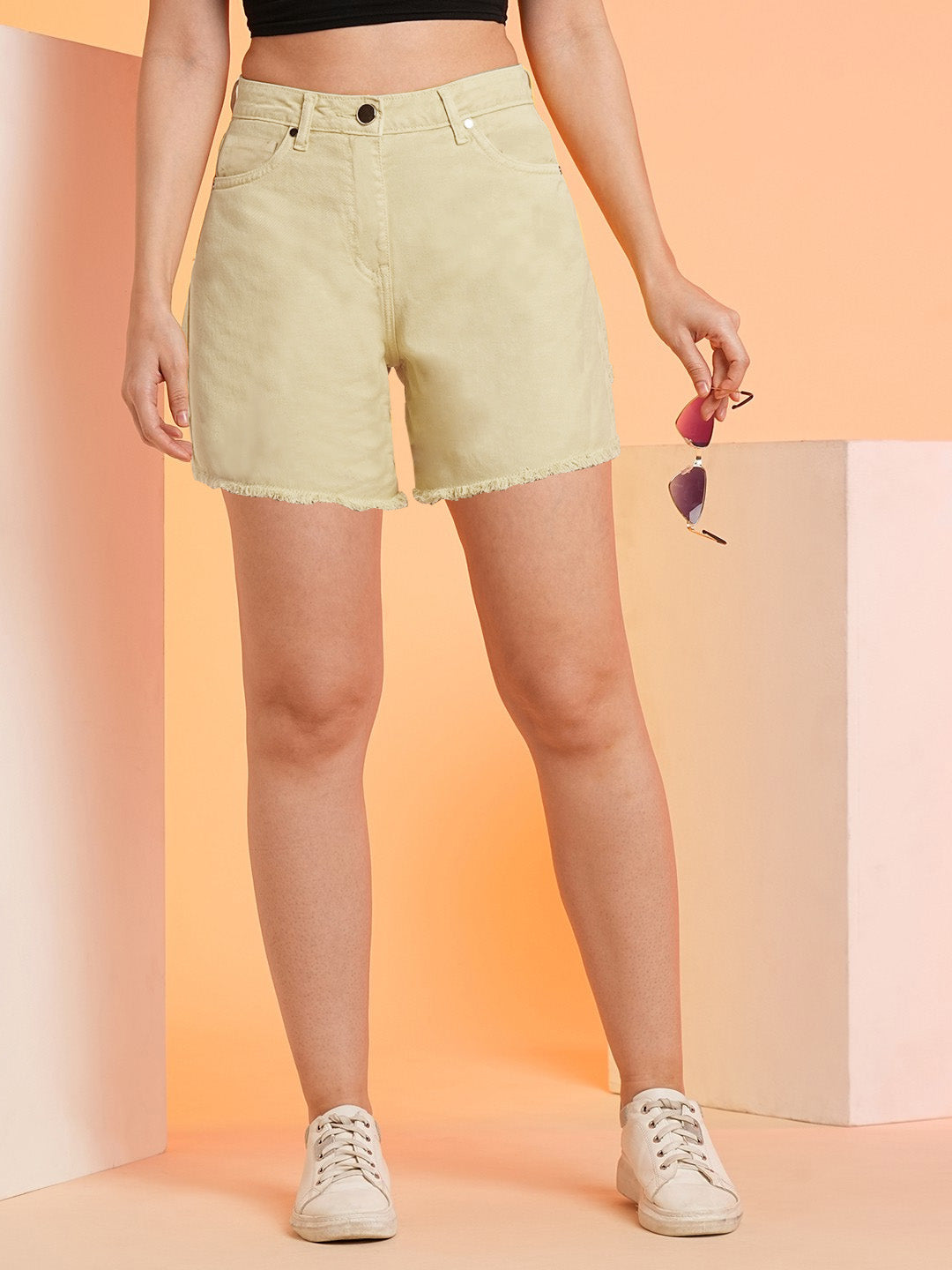 Denim Short For Ladies-Light Yellow-BE1300