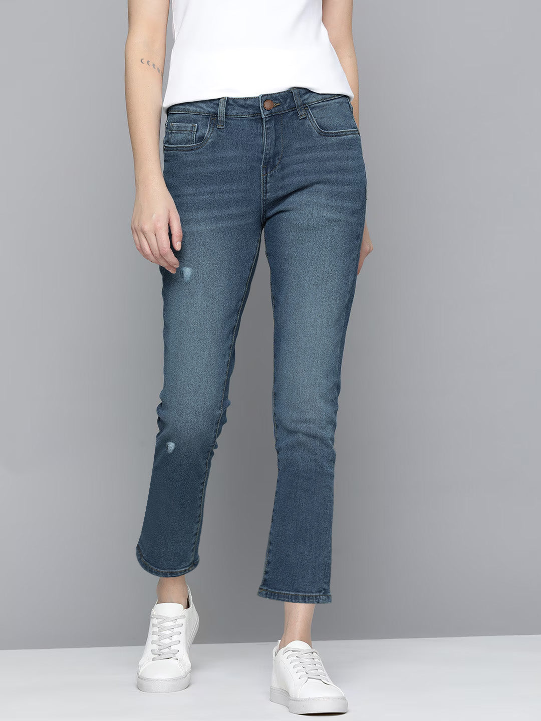 F&F Bell Botton Stretch Denim For Women-Blue Faded With Grinded Style-BE1305