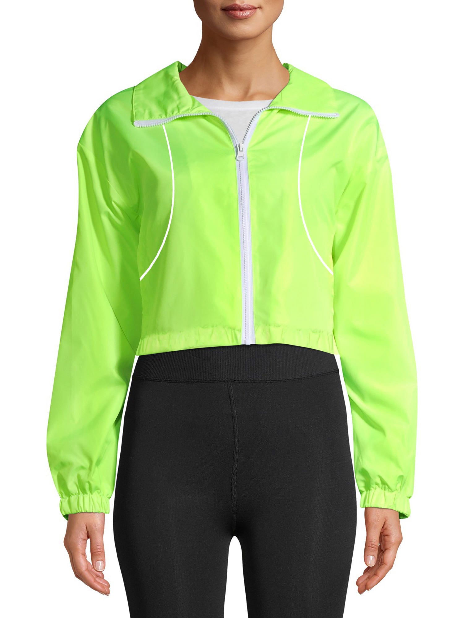 Rising Zipper Sorority Short Length Rain Jacket For Ladies-Neon Green-SP3397