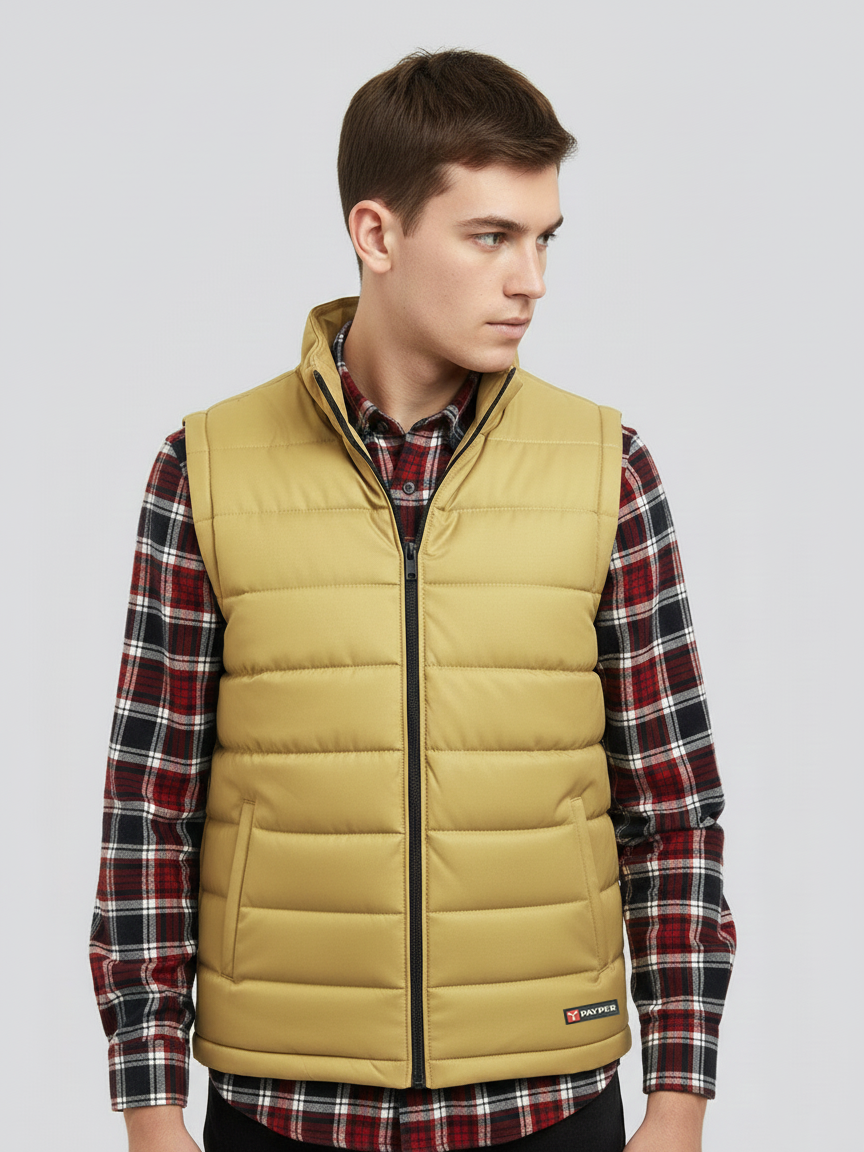 Payper Winter Sleeveless Zipper Mockneck Jacket For Men-Biscuit Gold-PH34