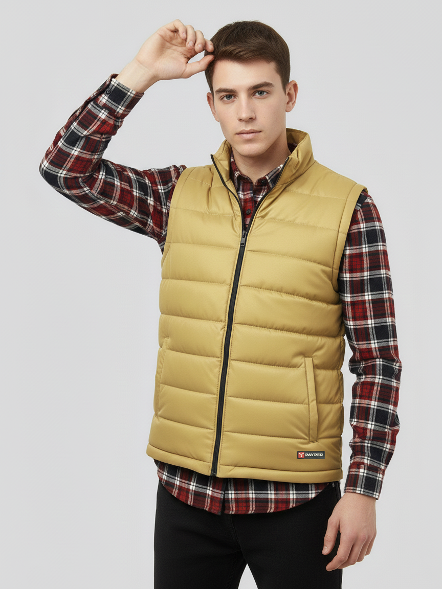 Payper Winter Sleeveless Zipper Mockneck Jacket For Men-Biscuit Gold-PH34