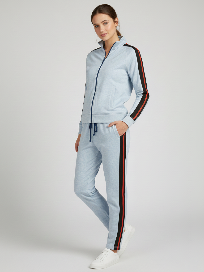 Louis Vicaci Fleece Zipper Tracksuit For Ladies-Blue Melange With Red & Black Stripes-LVTS002