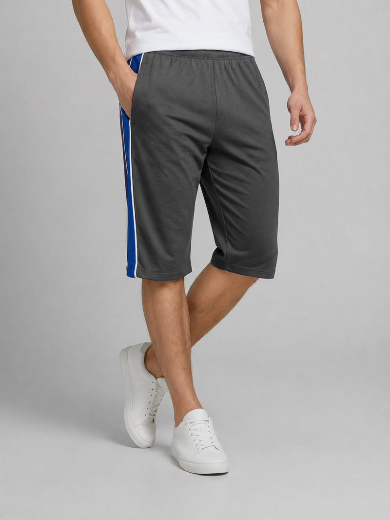 Stylish Knee Length Short For Men-Grey With Royal Blue Stripe-SS04