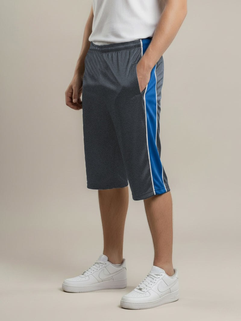 Stylish Knee Length Short For Men-Grey Melange With Royal Blue Stripe-SS05
