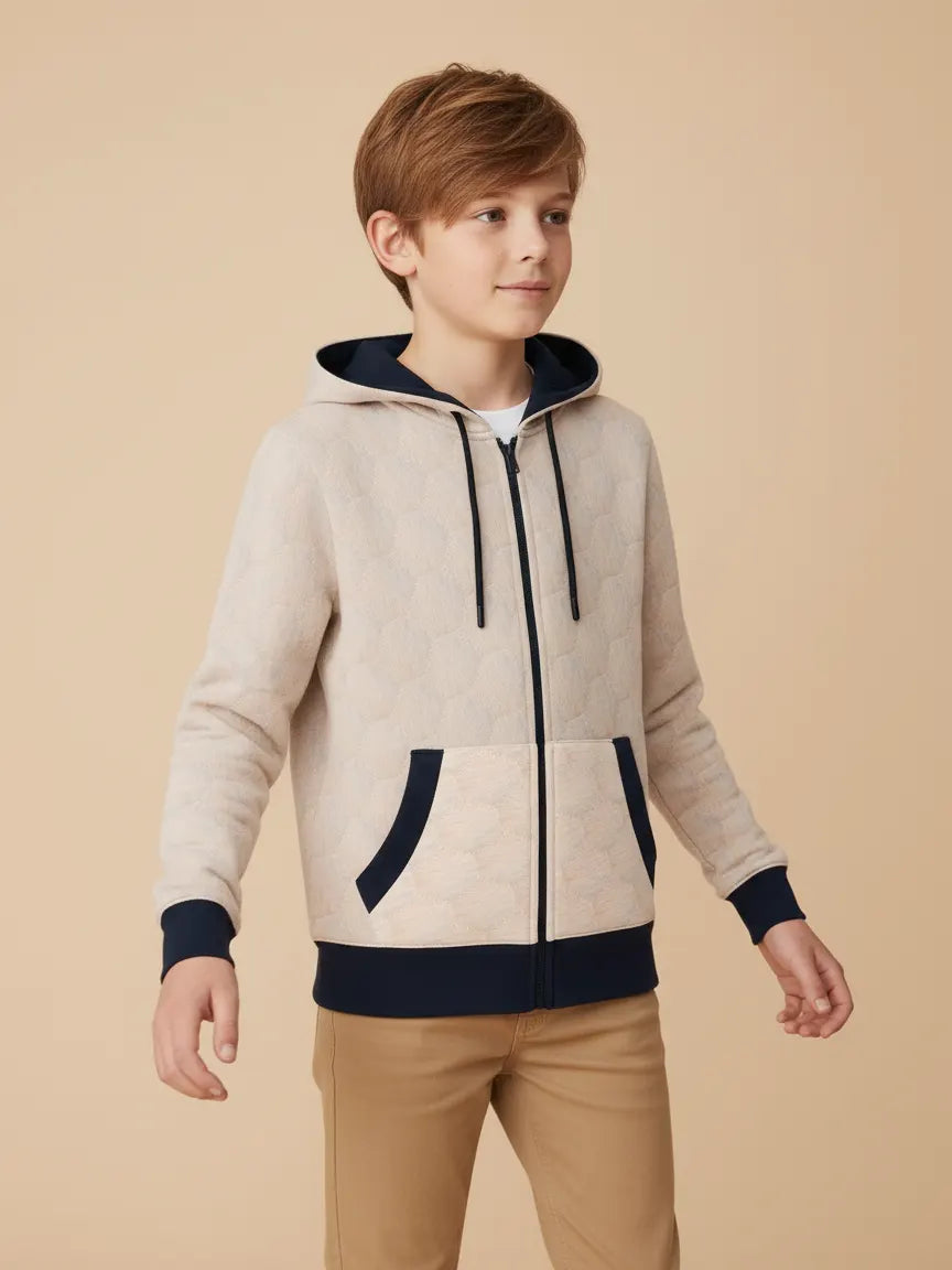 TH Quilted Zipper Hoodie For Kids-Light Peach With Navy-SP1206