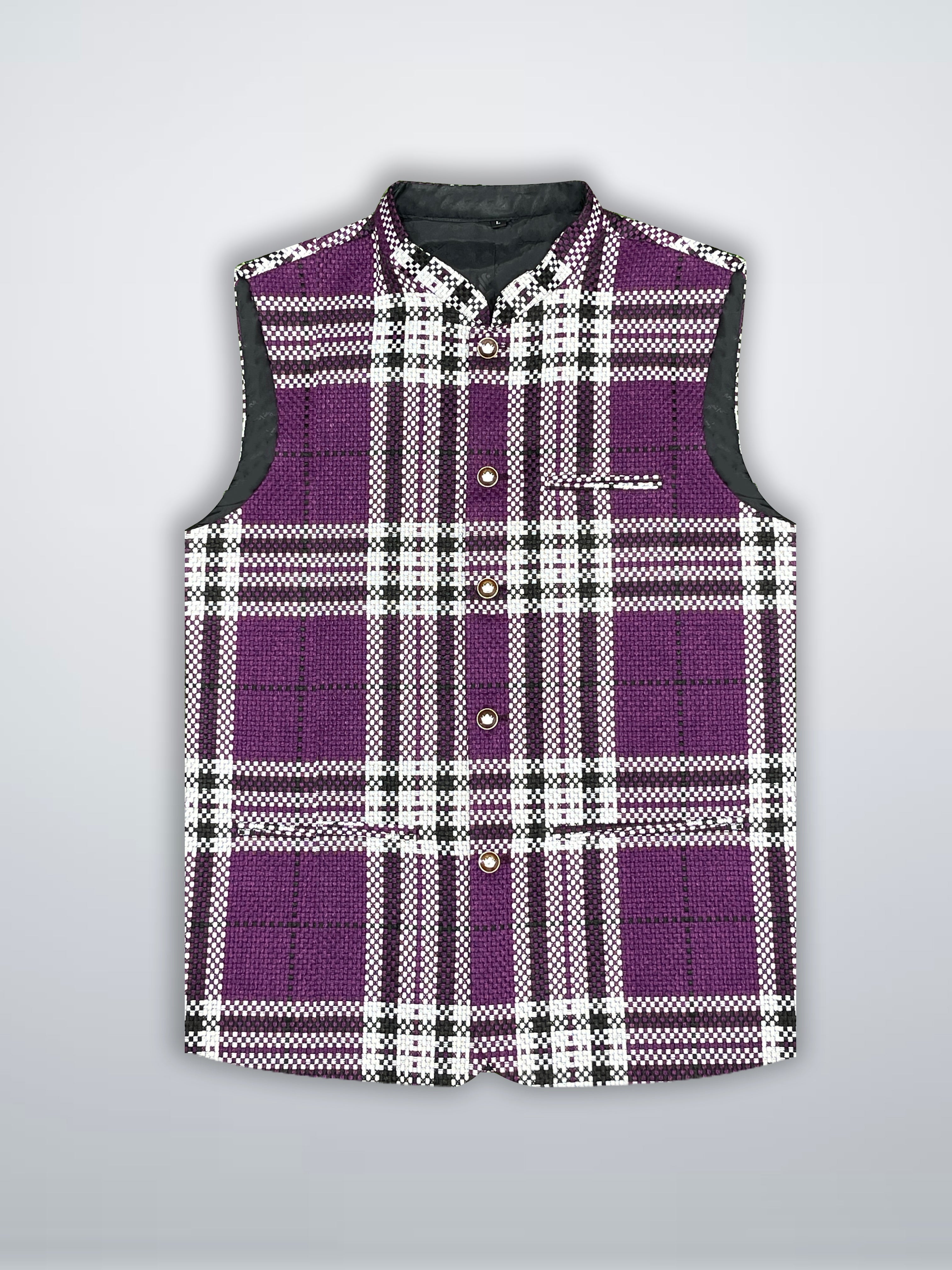 Men’s Premium Checkered Tweed Waistcoat Purple & White-WC01