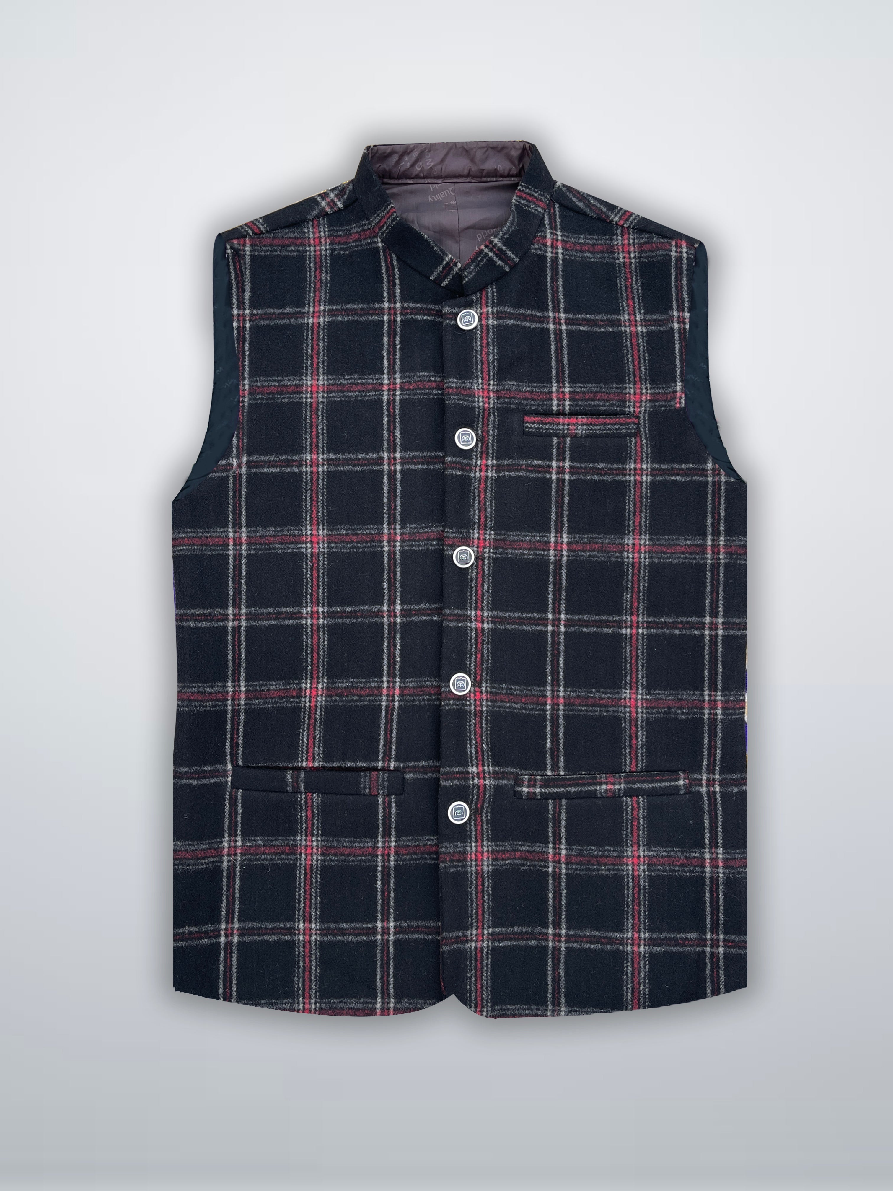 Men’s Premium Wool Waistcoat Black & Checked-WC15