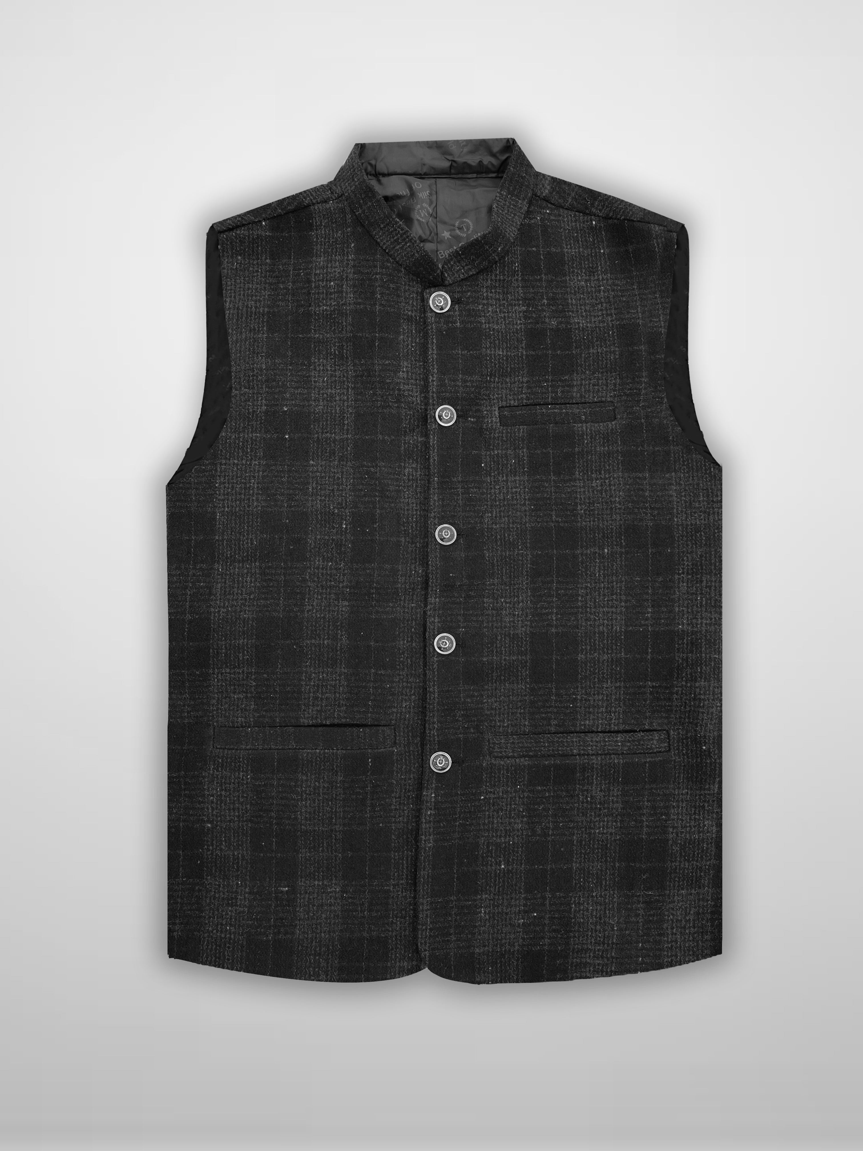 Men’s Premium Wool Waistcoat Black & Checked-WC16