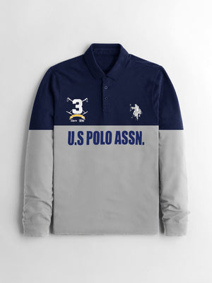 U.S Polo Assn. Long Sleeve Polo Shirt For Men-Navy & Grey-BE335