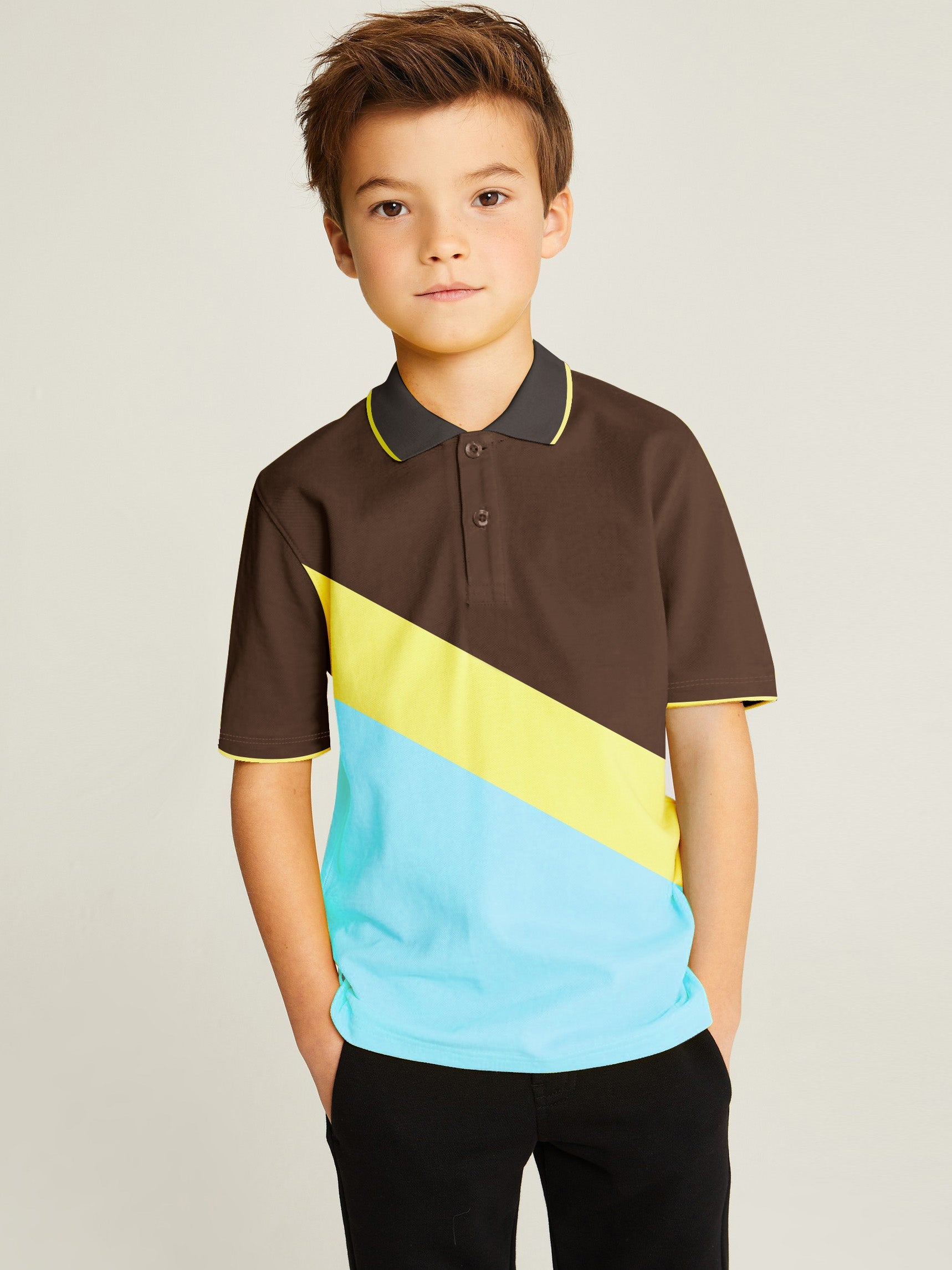 Summer Panel Polo Shirt For Kids-Sky Blue with Yellow & Brown-SP1700/RT2410