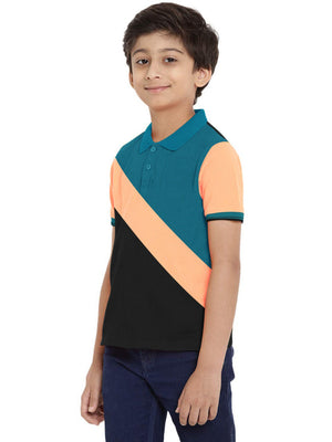 Champion Single Jersey Polo Shirt For Kids-Black with Peach & Dark Cyan Blue Panels-SP1687