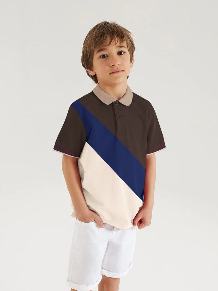 Champion Single Jersey Polo Shirt For Kids-Wheat with Navy & Brown-SP1703/RT2413
