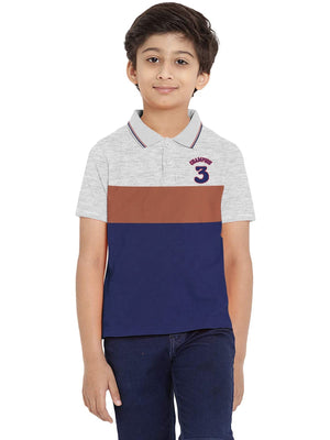 Champion Single Jersey Polo Shirt For Kids-Grey Melange with Brown & Blue Panels-RT888